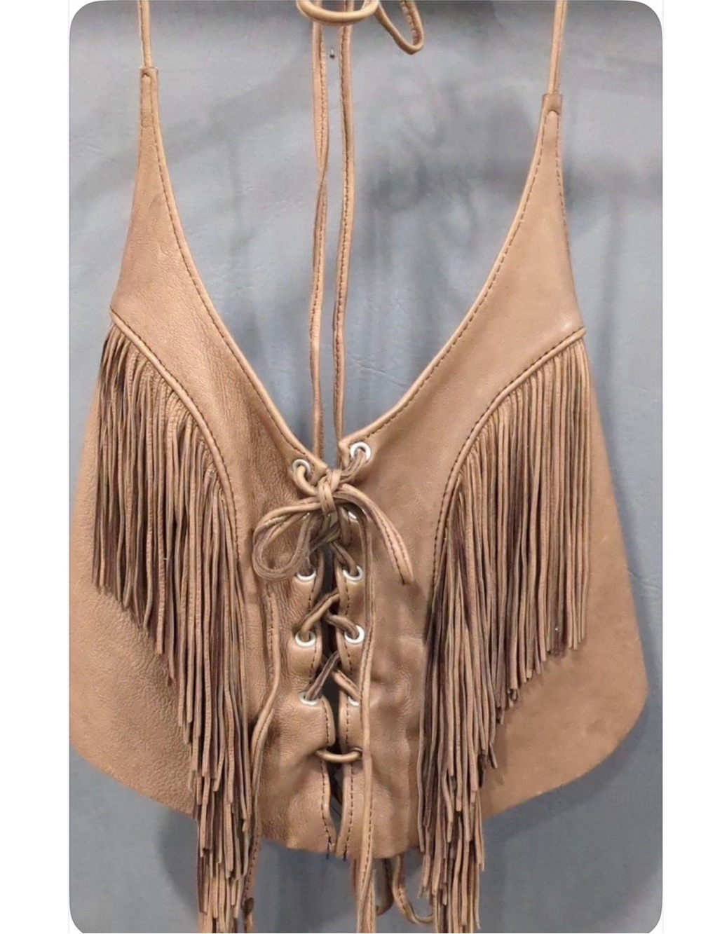 Hand crafted artisan leather fringe halter top boho biker festival OS